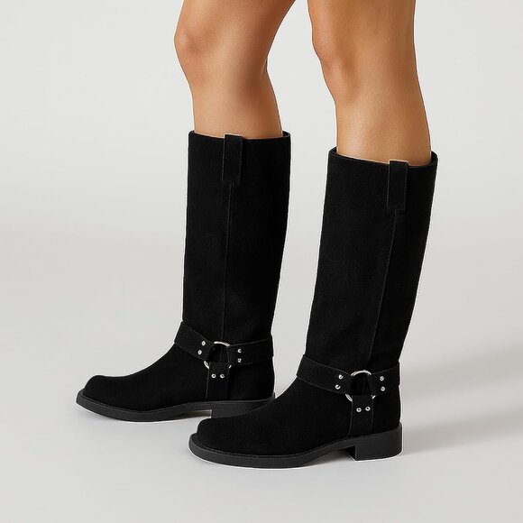 Women's Knee High Boots Slip On Riding Boots With Buckle Sexy Squared Toe - Picture 3 of 6